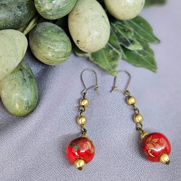 Red Ceramic Beaded Earrings, w/ Flower Design, & gold tone accent beads - 2" - Picture 1 of 7